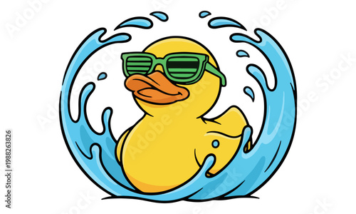 Rubber duck with green sunglasses in splashing water illustration