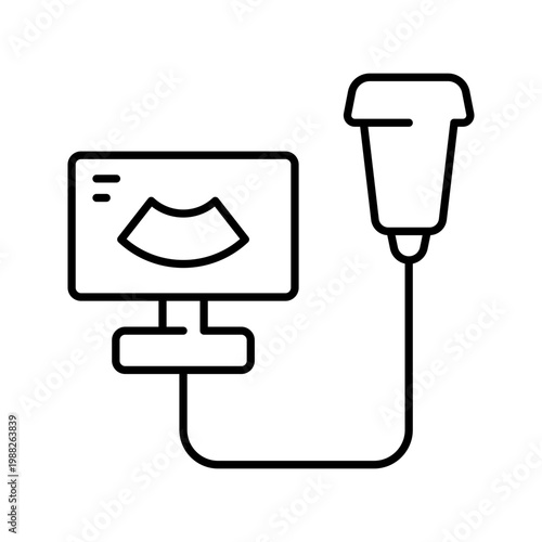 Ultrasound examination icon. Healthcare and ultrasonography line symbol. Black and white.