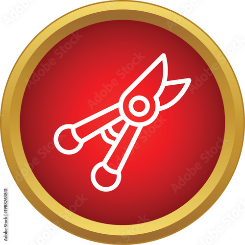 Secateurs symbol on a red circle with gold border, illustrating gardening tools