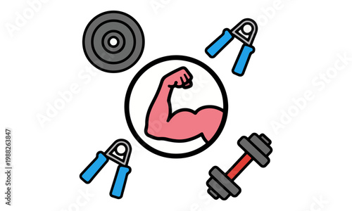 Fitness equipment icons set with muscular bicep and dumbbells