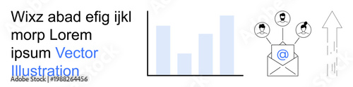 Digital marketing, email campaigns, networking, data analysis, growth tracking, business performance. Bar chart, email envelope user icons and arrow growth. Email marketing and data analysis