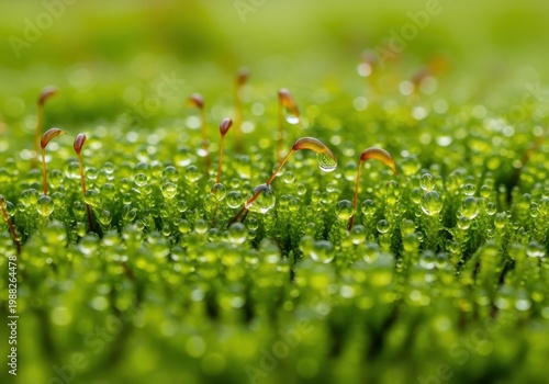 Abstract close-up of vibrant green moss covered in fresh morning dew, appearing elastic and ready for quick growth and renewal, nature, cycle, close-up