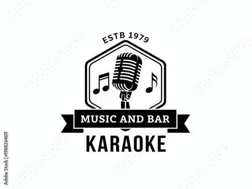 Karaoke Music and Bar Logo with Vintage Microphone and Notes