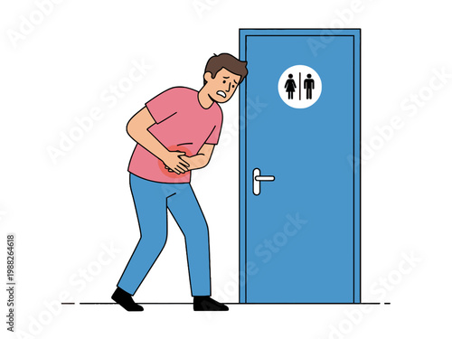 Man clutching stomach in pain in front of bathroom door