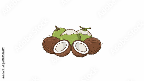 Coconut fruit set with green and brown whole and halved pieces