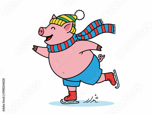 Cartoon Pig Ice Skating with Scarf and Hat Illustration