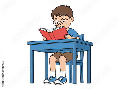 Boy with glasses reading red book at desk illustration