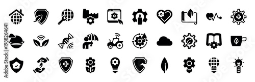 Eco Engineering Icons Set. Sustainability, Green Technology, ESG and Circular Economy Glyph