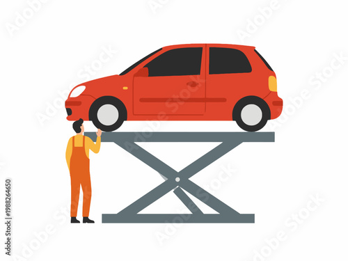 Mechanic Inspecting Red Car on Scissor Lift Illustration