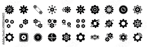 30 Industrial Gear and Mechanism Workflow Solid Glyph Icons for Engineering Systems