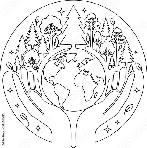 Artistic outline drawing showcasing two hands supporting our planet, encircled by an intricate forest of trees and starlight, symbolizing eco-friendly initiatives and global sustainability