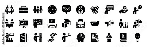 30 Business Meeting Teamwork and Education Solid Glyph Black Icons for Professional Presentations