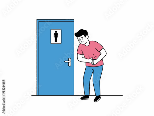 Man with stomach ache standing in front of restroom door