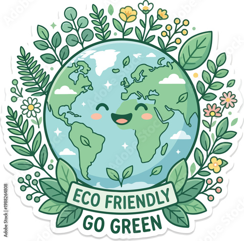 Charming cartoon Earth character adorned with lush green leaves and vibrant flowers, embodying an eco-friendly and go-green message for environmental sustainability