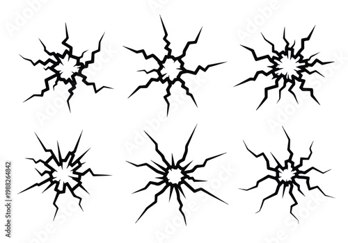 Set of Six Black Starburst Crack Patterns Isolated on White Background.