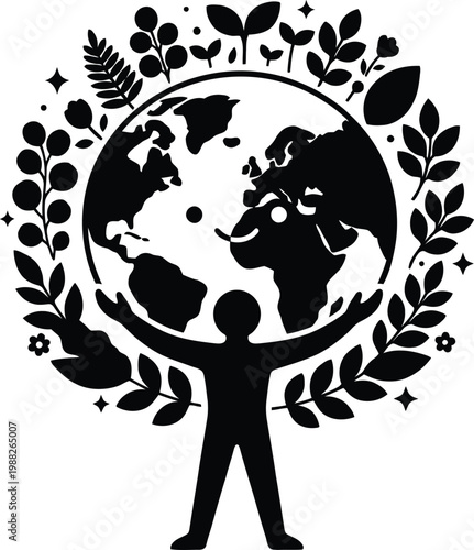 Iconic illustration of human hands embracing the Earth, encircled by lush plant life, symbolizing global responsibility for environmental sustainability and a flourishing future for our planet