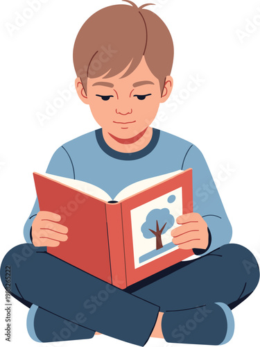 Modern Flat Illustration of a Boy Reading a Book in Leisure