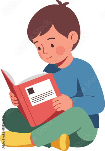 Cartoon Illustration of Young Boy Reading a Book While Sitting Down