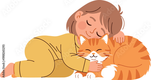 Cute Cartoon Child Sleeping Peacefully with Orange Striped Tabby Cat Illustration