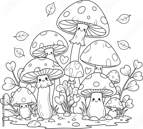 Handdrawn Outline Smiling Mushroom Group With Leaves and Hearts Illustration