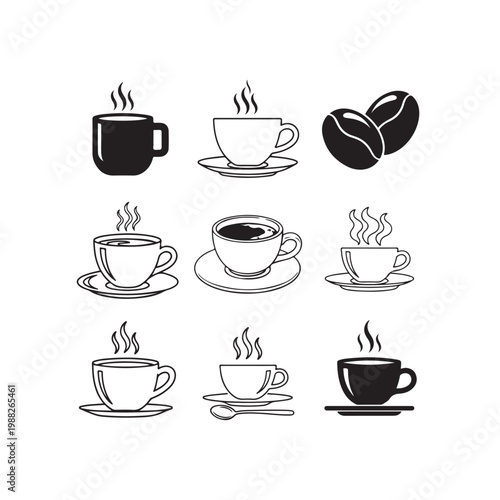 Vector illustration set featuring a brown coffee mug and hot tea cup icon design for a cafe beverage sign with steam and caffeine