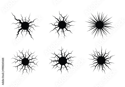 Set of Six Black Starburst Crack Illustrations.