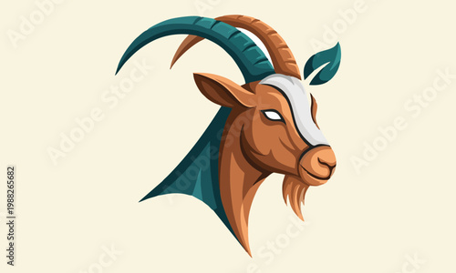 Stylized goat head illustration featuring vibrant horns and a fresh green leaf, symbolizing nature, strength, and ecological connection in a modern graphic design