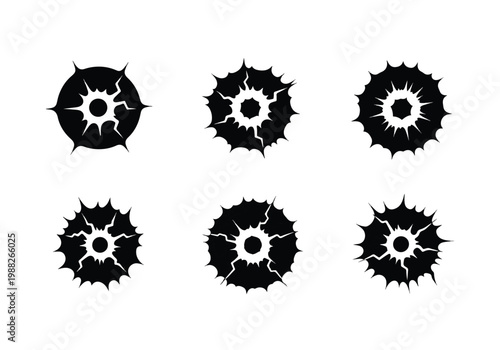 Set of Six Black Bullet Hole Graphics Isolated on White Background.