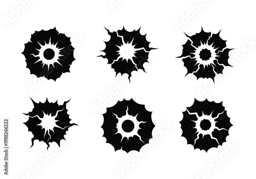Set of Six Black Abstract Circular Explosion Shapes.