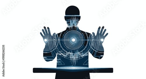 Futuristic robot, humanoid cyborg, blue metallic, technology concept, sci-fi vector