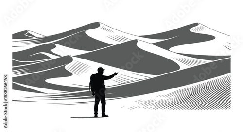 Desert landscape, silhouette man, sand dunes, vector illustration, grayscale
