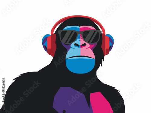 Gorilla wearing red headphones and sunglasses vector illustration