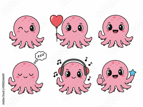Pink Octopus Cartoon Mascot Set with Expressions and Activities