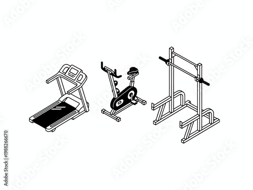 Gym Equipment Isometric Icons with Treadmill Bike and Barbell Rack