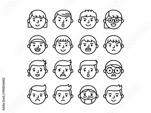 Facial expression line icons set showing various human emotions