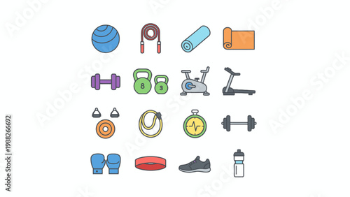 Gym equipment icon set for fitness and workout training