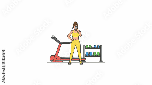 Woman in yellow sportswear taking a selfie at the gym illustration
