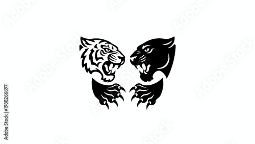 Tiger and Panther Head Illustration Facing Each Other with Claws