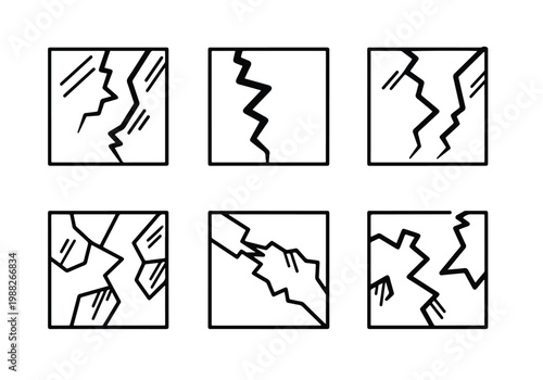 Set of Six Cracked Glass Window Pane Illustrations.