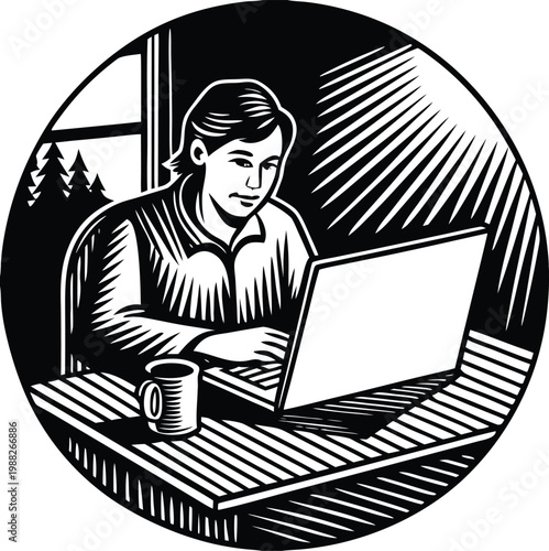 Black and white, vector illustration, woman working on laptop, coffee cup, indoors