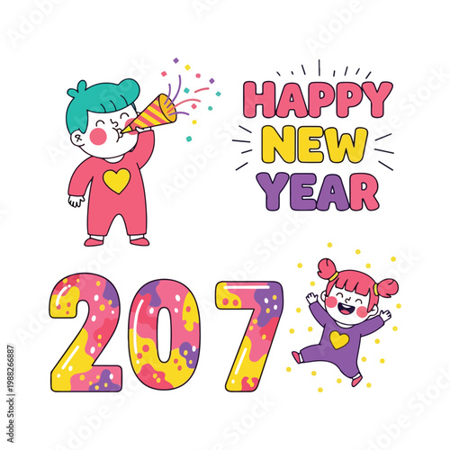 Happy new year 2070 celebration with cute cartoon kids, confetti, and colorful numbers