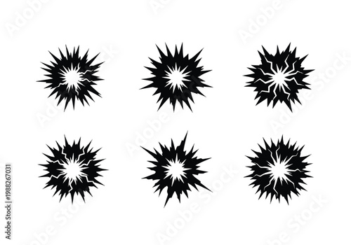 Six Black Starburst Explosions on White Background.