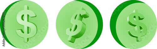 Three Green 3D Dollar Coins Set in Different Perspectives for Eco-Friendly Finance