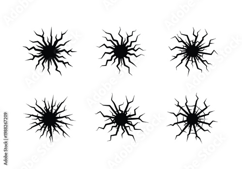 Set of Six Black Starburst Crack Icons.