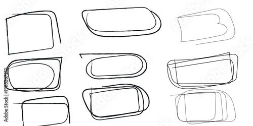 Hand drawn doodle rectangle frame set, border sketch. Rectangular label templates with various border designs Rectangle frame set. Doodle wavy curve deformed textured frames. Border sketch. 