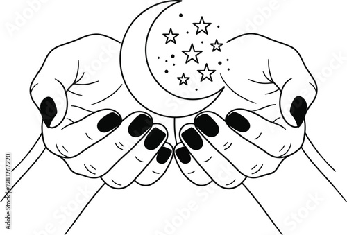 Mystical Line Art Illustration of Cupped Hands Holding a Crescent Moon and Stars.