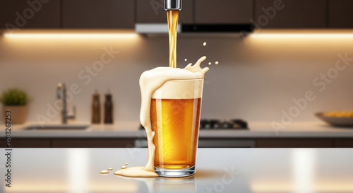 Golden beer pouring into a glass creating a frothy head and overflowing in a modern kitchen setting perfect for beverage advertising