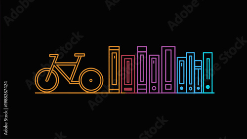 Bicycle next to a row of books, symbolizing a blend of active living and intellectual pursuits on a dark background