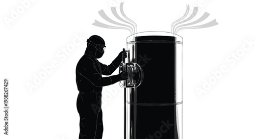Black silhouette man, steaming hot water heater, plumbing repair icon