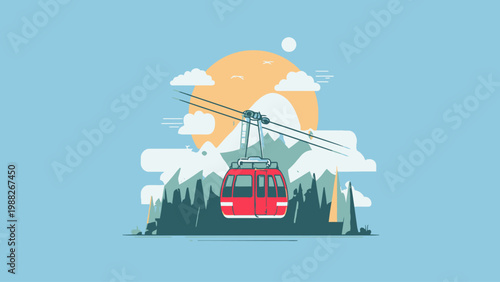 Modern cable car transporting passengers over scenic mountain landscape with sun and clouds in background